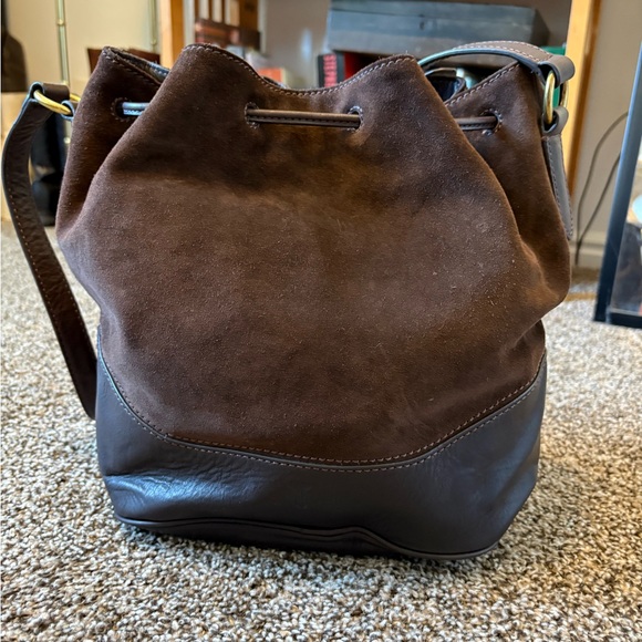 Brown and Black FRYE Suade Leather Paige Drawstring Bucket Bag - Picture 4 of 12